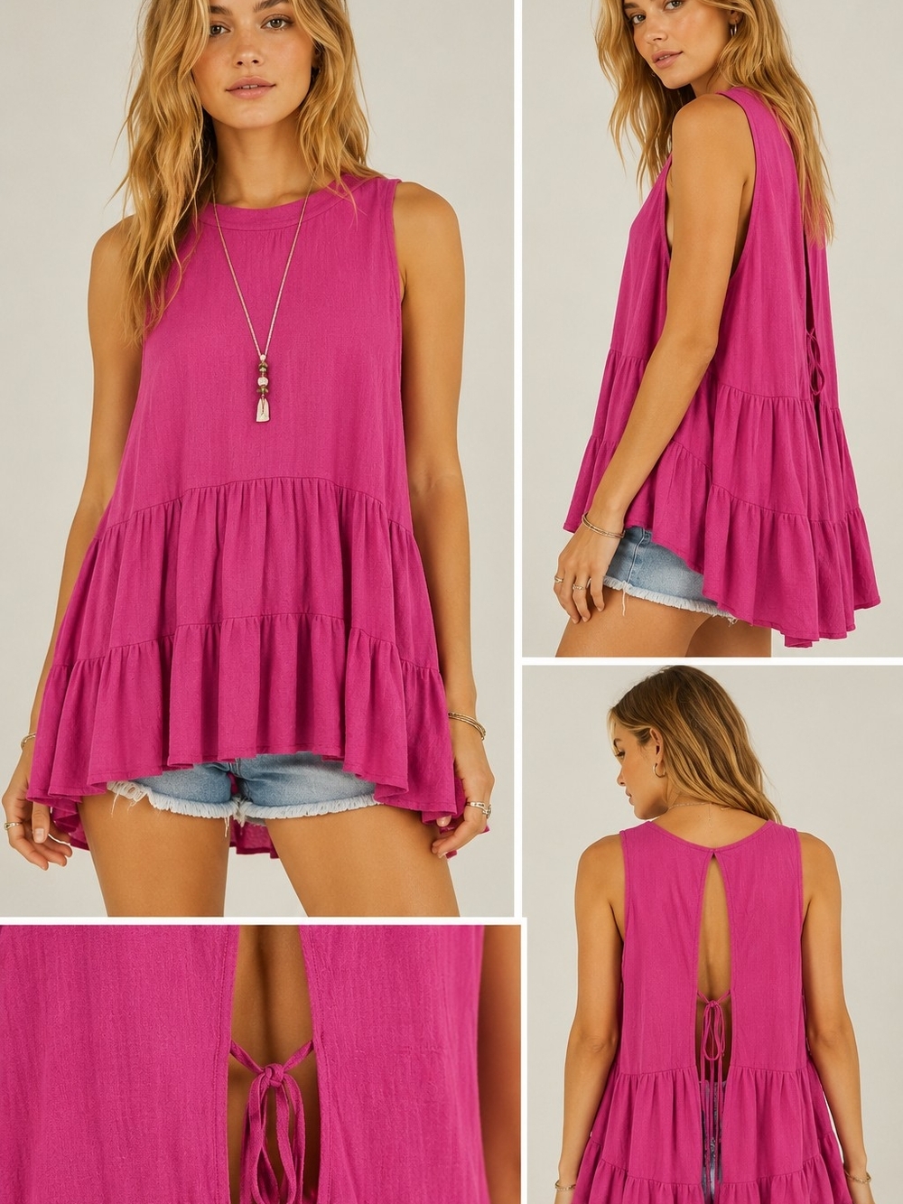 Free People Magenta Right On Time Sleeveless Oversized Tiered Tunic Top Medium